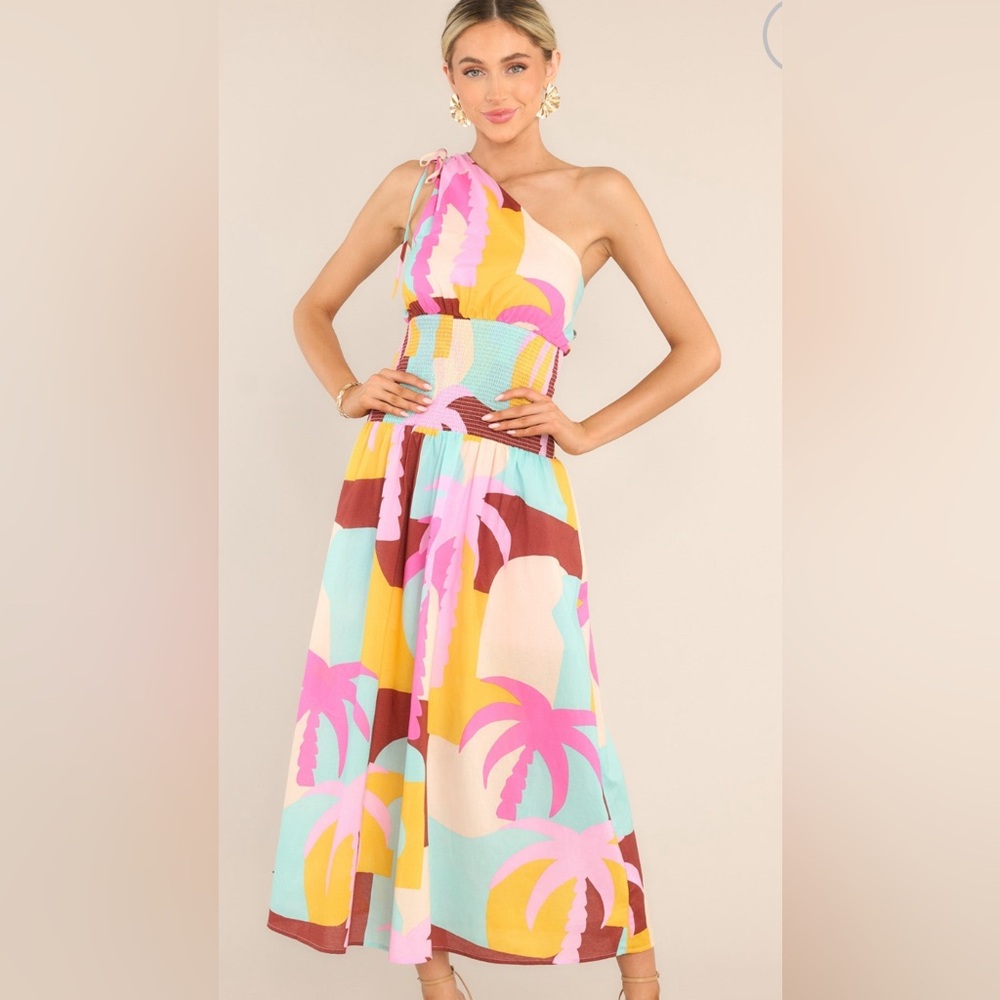 NWT MINKPINK Palmera One Shoulder Cotton Smocked Midi Dress Pink Yellow XS